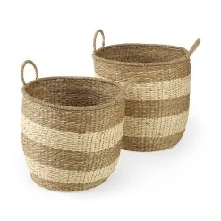 Promo 🎁 Mercana Bradley 18.1L X 18.1W X 16.0H (Set Of 2) Light Brown W/Striped Seagrass Basket W/ Handles 👏