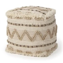 Wholesale ⭐ Mercana Caela Beige/Brown Wool, Cotton And Felt Popcorn Stitch Square Pouf 🥰