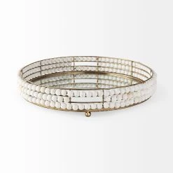 Discount 😍 Mercana Decatur I 21L X 21W Wooden Bead Mirrored Bottom Round Tray White ⌛ -Mercana Shop Decatur I 21L x 21W White Wooden Bead Mirrored Bottom Round Tray 2