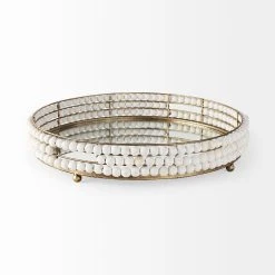 Discount 😍 Mercana Decatur I 21L X 21W Wooden Bead Mirrored Bottom Round Tray White ⌛ -Mercana Shop Decatur I 21L x 21W White Wooden Bead Mirrored Bottom Round Tray 3