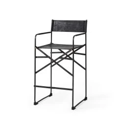 Promo ⭐ Mercana Direttore Folding Black Genuine Leather W/ Black Iron Frame Counter Stool 🎁