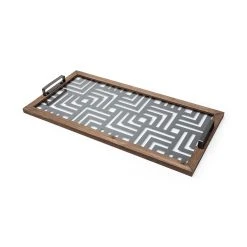 Outlet ❤️ Mercana Fantuz Gray Metal, Wood And Glass Serving Tray - 32"L X 16"W X 2.5"H 🔔