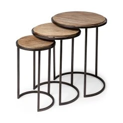 Promo 🎁 Mercana Glover (Set Of 3) 20L X 20W Brown Wood Round Top W/Metal Nesting Accent Tables - 20.1L X 20.1W X 26.4H ✔️
