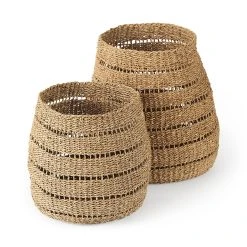 Buy 🥰 Mercana Hayes 17.7L X 17.7W X 11.8H (Set Of 2) Medium Brown Seagrass Round Basket With Stripe Pattern 🛒