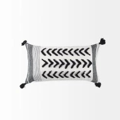 Discount ⌛ Mercana Kimia 14L X 26W White, Gray, And Black Fabric Herringbone And Fringed Decorative Pillow Cover ✨ -Mercana Shop Kimia 14L x 26W White2C Gray2C and Black Fabric Herringbone and Fringed Decorative Pillow Cover 4