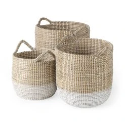 Budget 💯 Mercana Maddie 13.8L X 13.8W X 15.0H (Set Of 3) Light Brown W/White Dipped Seagrass Round Basket W/ Handles ⌛