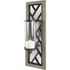 Wholesale ⭐ Mercana Benji 24"H Brown Wood Frame Black Metal Accent Mirrored Wall Candle Holder - 8"W X 6.1"D X 24"H 😉