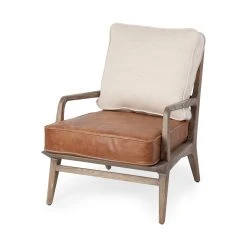 Promo ⭐ Mercana Harman II Cream Fabric And Brown Leather Seat Accent Chair 🎁