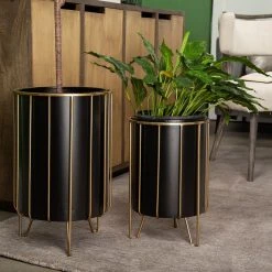 Cheap 😍 Mercana Pianta 12.8 X 20.9 Set Of Two Black Metal Insert Brass Frame Plant Stands 😍 -Mercana Shop Mercana Pianta 12.8 x 20.9 Set of Two Black Metal Insert Brass Frame Plant Stands 3