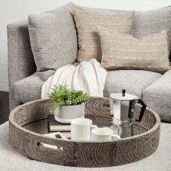 Wholesale 🎁 Mercana Whittier Brown Wooden Mirrored Base Tray - 28"W X 28"H X 5"D 🔔 -Mercana Shop Mercana Whittier Large Fir Wooden Mirrored Base Tray 7