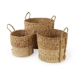 Best deal 🥰 Mercana Morocco 15.7L X 15.7 (Set Of 3) Brown Two Tone Water Hyacinth And Cornhusk Round Basket W/ Handles ⭐