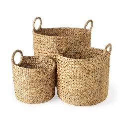 Best deal 🔥 Mercana Sivan 19.7L X 19.7W X 23.6H (Set Of 3) Light Brown Water Hyacinth Round Basket W/ Handles ⭐