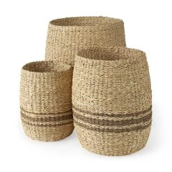 Coupon 🤩 Mercana Sivannah 19.7L X 19.7W X 23.6H (Set Of 3) Light Brown And Medium Brown Striped Seagrass Round Basket 👏