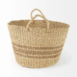 Cheap ✔️ Mercana Vance 17.7L X 17.7W X 11.8H Light Brown Palm Leaf And Seagrass Round Basket W/ Handles 🎉 -Mercana Shop Vance 17.7L x 17.7W x 11.8H Light Brown Palm Leaf and Seagrass Round Basket W Handles 2