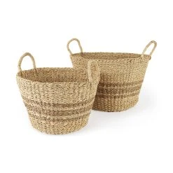 Cheap ✔️ Mercana Vance 17.7L X 17.7W X 11.8H Light Brown Palm Leaf And Seagrass Round Basket W/ Handles 🎉