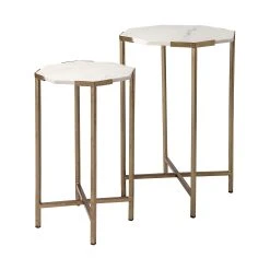 New 🛒 Mercana Vincent II 15.5 X 24.5 Set Of Two White Marble And Iron Octagon End/Side Tables 🎁